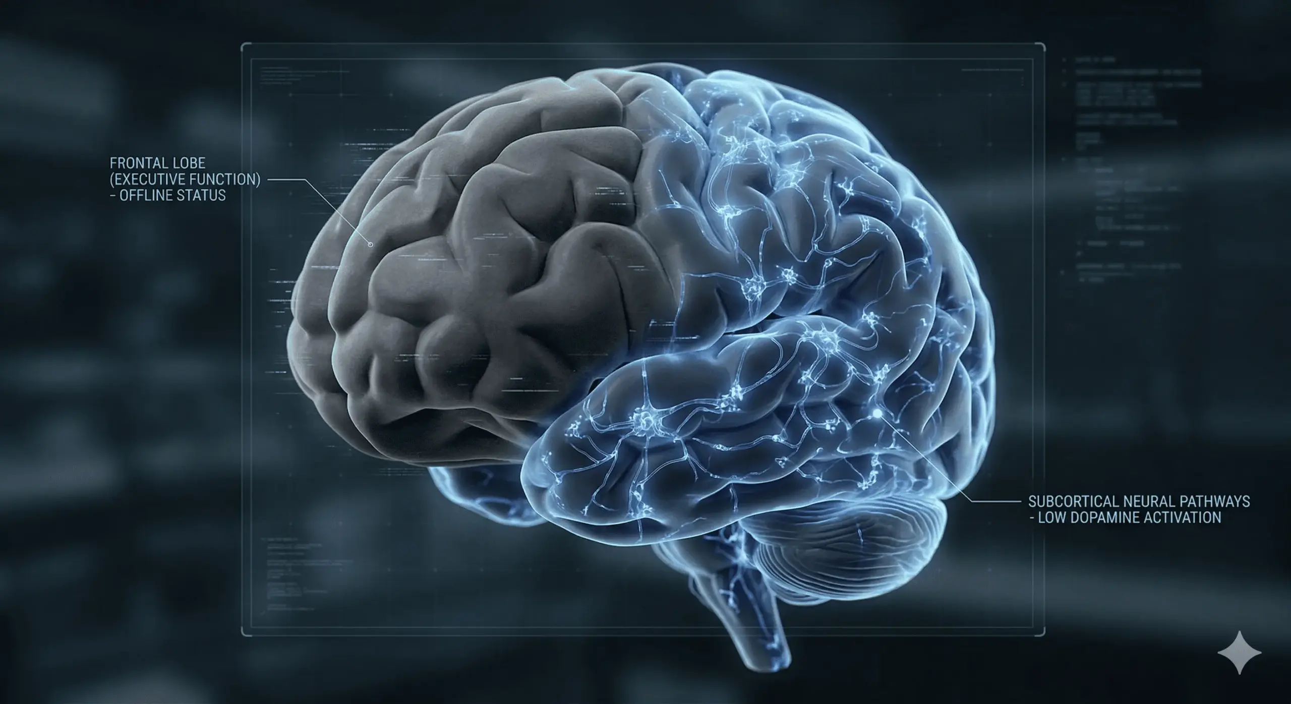 Stylized 3D rendering of a human brain with a highlighted prefrontal cortex and low dopamine activity visual.