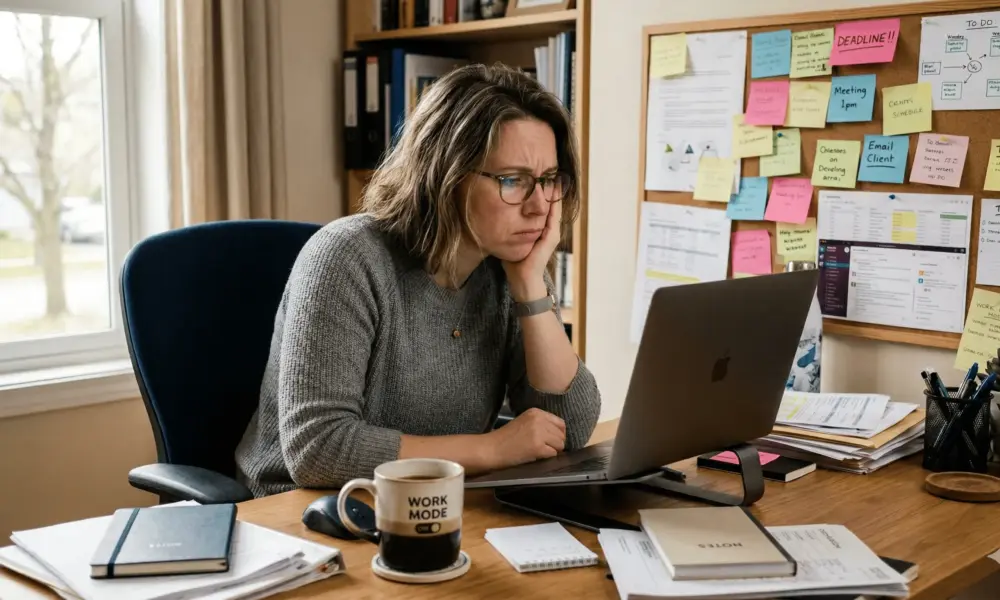 Woman sitting at a cluttered desk staring at a laptop with a frustrated expression, representing ADHD paralysis and executive dysfunction.
