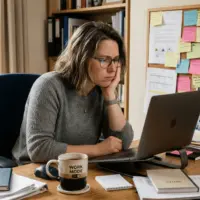 Woman sitting at a cluttered desk staring at a laptop with a frustrated expression, representing ADHD paralysis and executive dysfunction.