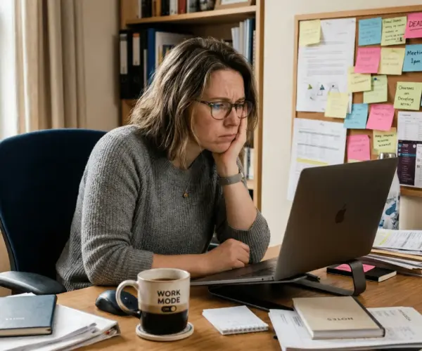 Woman sitting at a cluttered desk staring at a laptop with a frustrated expression, representing ADHD paralysis and executive dysfunction.