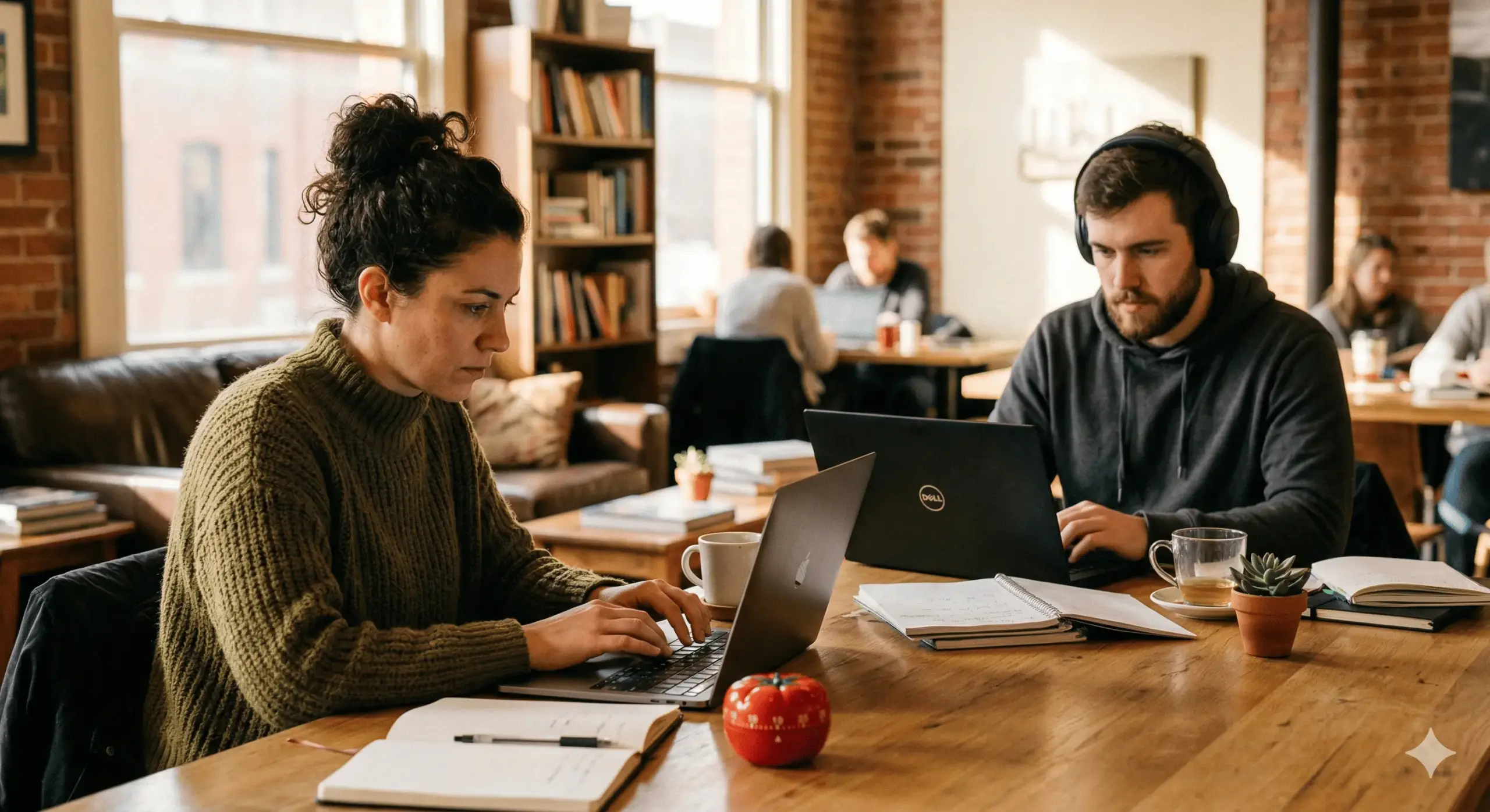 Two people working quietly on laptops in a shared space, demonstrating the ADHD body doubling strategy for productivity.