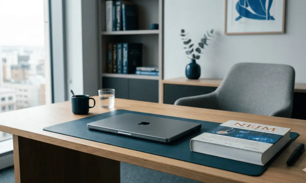 A clean, professional minimalist desk setup representing focus and high-level executive function in adult ADHD treatment.
