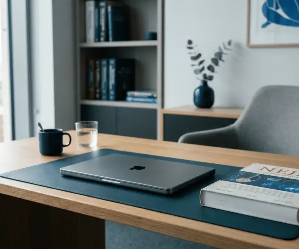 A clean, professional minimalist desk setup representing focus and high-level executive function in adult ADHD treatment.